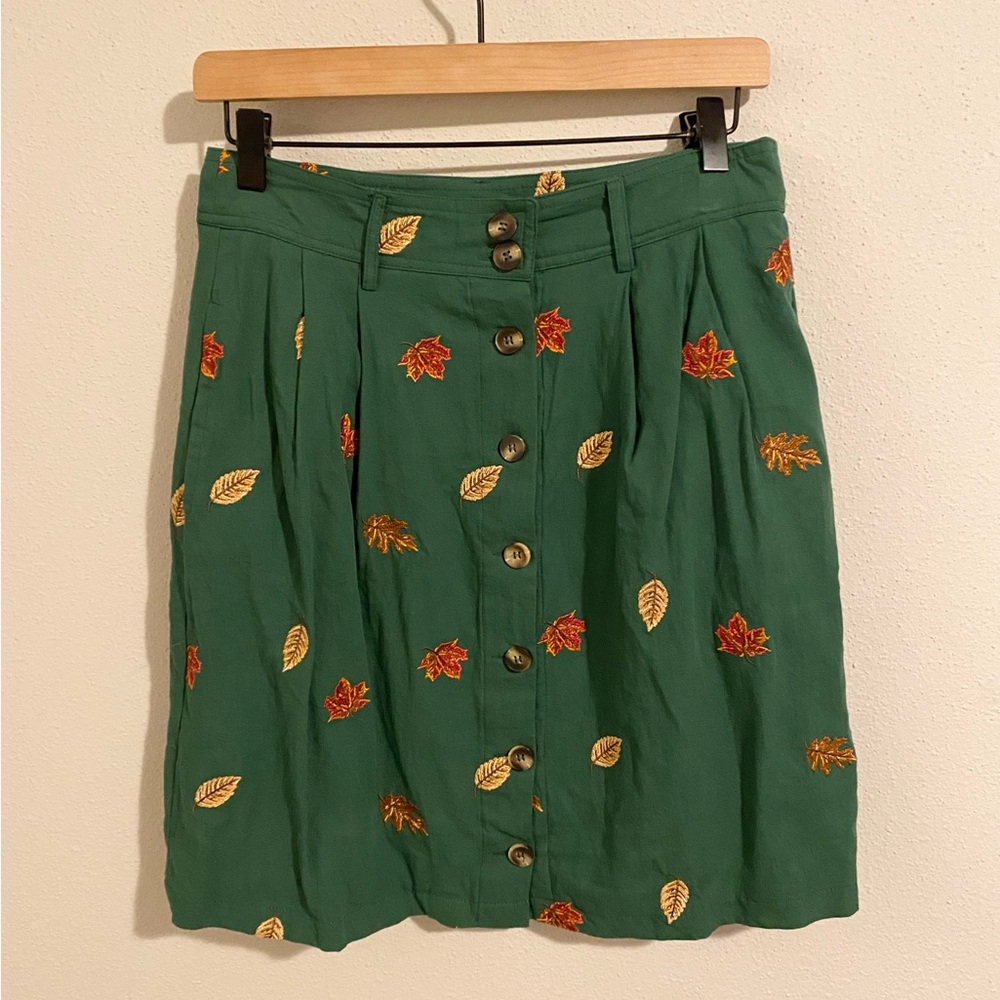 Kiel James Patrick 4 Green Leaf Embroidered Skirt Button Front Autumn Preppy